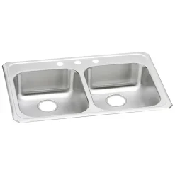 Elkay Celebrity 3-Hole Dual-Bowl Drop In Kitchen Sink, 21.25" x 33" x 5.38", Stainless Steel, Brushed Satin (GECR33213)
