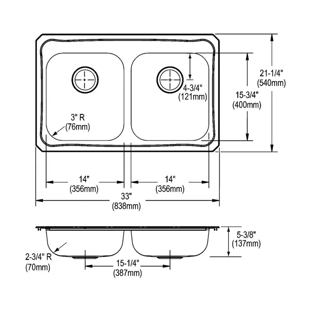 Elkay Celebrity 3-Hole Dual-Bowl Drop In Kitchen Sink, 21.25" x 33" x 5.38", Stainless Steel, Brushed Satin (GECR33213)