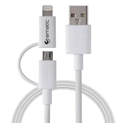 Charge and Sync 2-in-1 Lightning and Micro USB to USB-A Cable, 3 ft., White, (ELD320)<Ematic