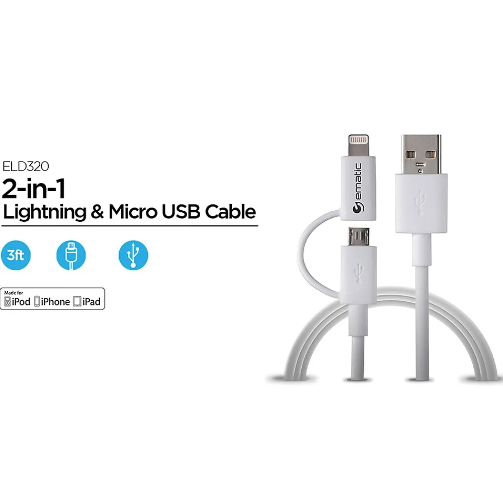 Charge and Sync 2-in-1 Lightning and Micro USB to USB-A Cable, 3 ft., White, (ELD320)<Ematic