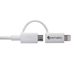 Charge and Sync 2-in-1 Lightning and Micro USB to USB-A Cable, 3 ft., White, (ELD320)<Ematic