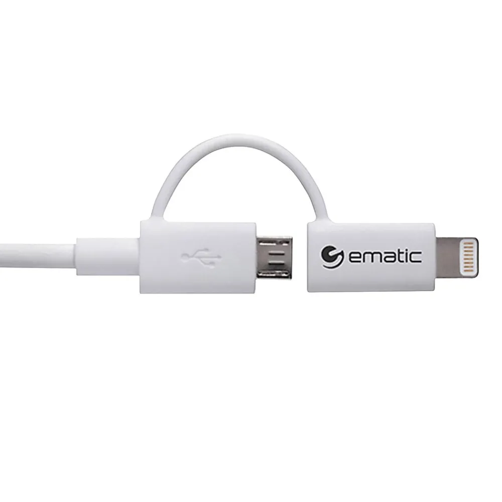 Charge and Sync 2-in-1 Lightning and Micro USB to USB-A Cable, 3 ft., White, (ELD320)<Ematic