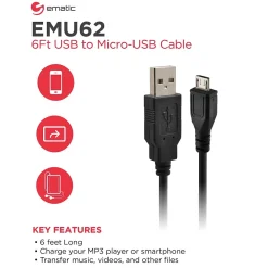 Charge and Sync Micro USB to USB-A Cable, 6-ft, Black, (EMU62)<Ematic Discount