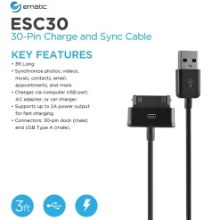 Charge and Sync 30-Pin to USB-A Cable, 3 ft., Black (ESC30)<Ematic Clearance