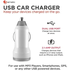 2-Port USB-A Car Charger, 2.1-Amp, White, (ECC08WH)<Ematic Clearance