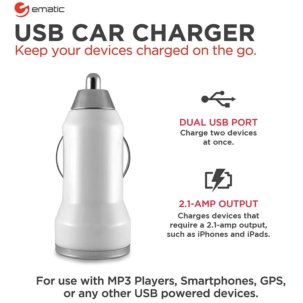 2-Port USB-A Car Charger, 2.1-Amp, White, (ECC08WH)<Ematic Clearance