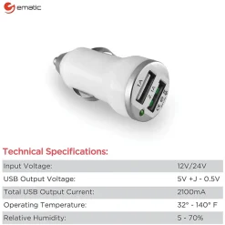 2-Port USB-A Car Charger, 2.1-Amp, White, (ECC08WH)<Ematic Clearance