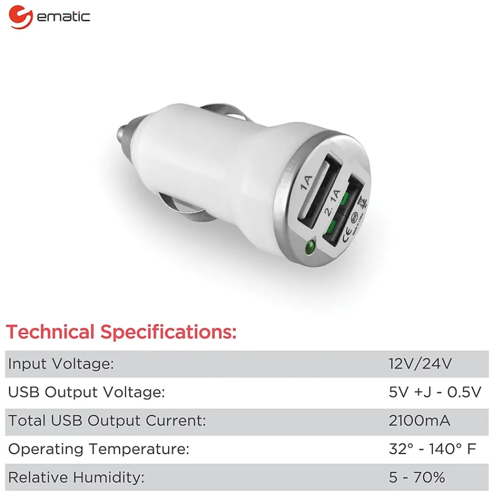 2-Port USB-A Car Charger, 2.1-Amp, White, (ECC08WH)<Ematic Clearance