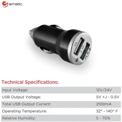 Ematic 2-Port USB-A Car Charger, 2.1-Amp, Black, (ECC08BL)