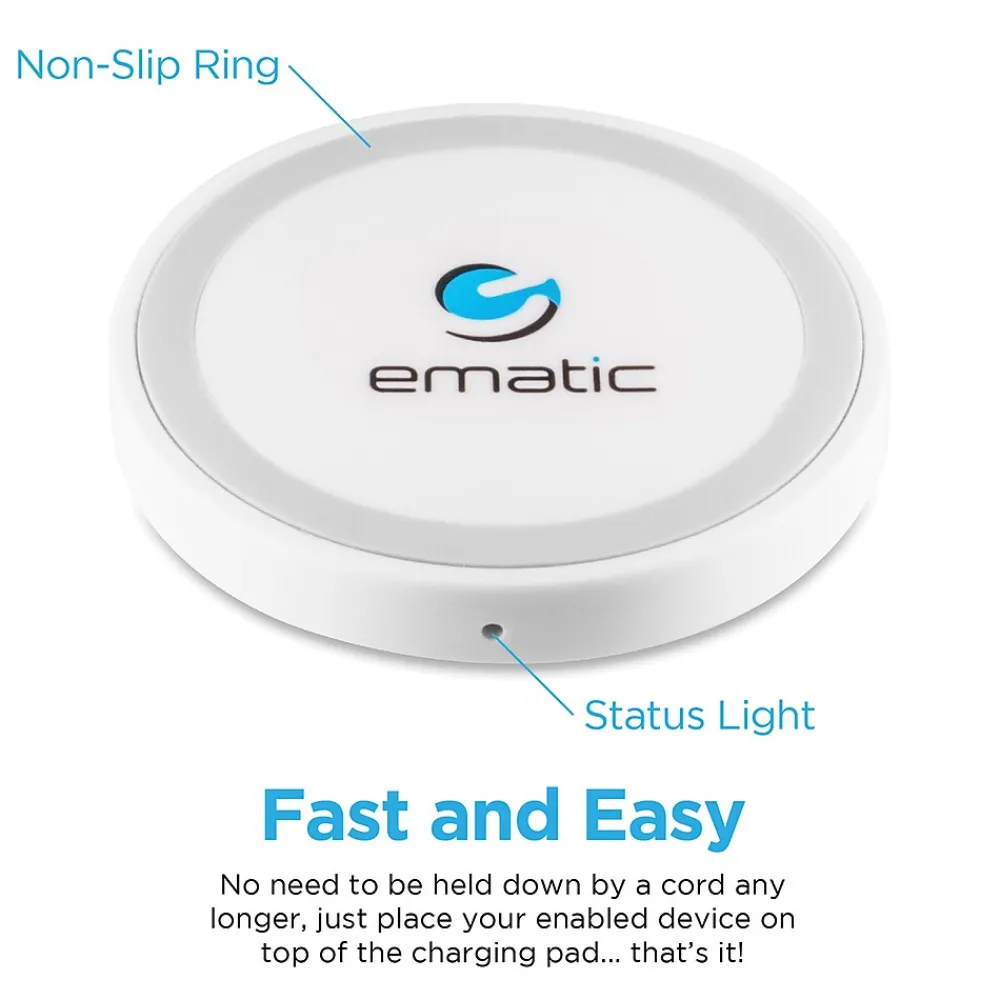Wireless Charging Pad with USB Charging Cable, 1,500 mAh, White (MWCH1500)<Ematic
