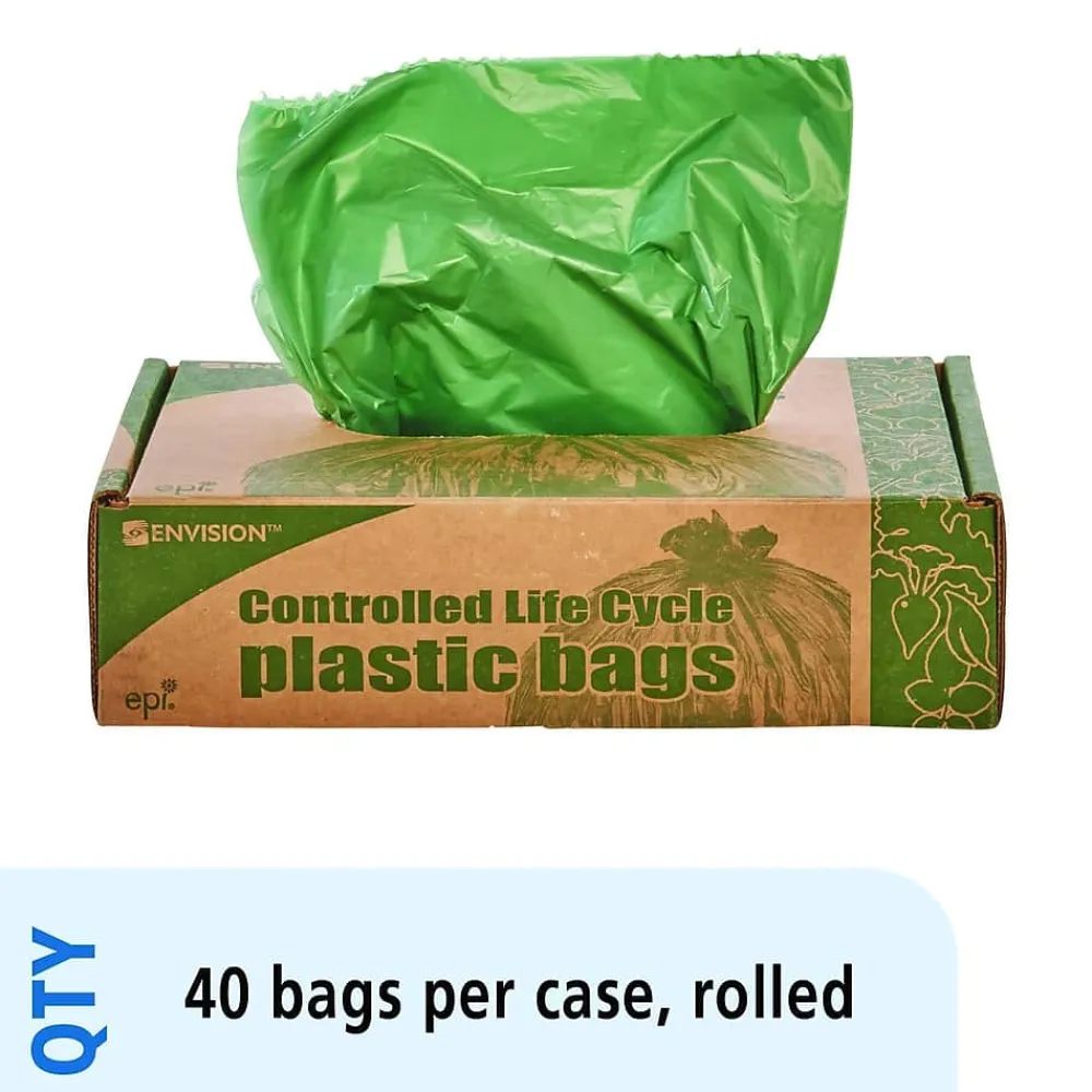 Controlled Life Cycle 33 Gallon Industrial Trash Bag, 33" x 40", Low Density, Green, 40 Bags/Box, 2 Rolls<Envision Best