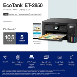 Epson EcoTank ET-2850 ET-2850-B Wireless Color Inkjet Printer, All-In-One Supertank, Print, Scan, Copy (9472540)