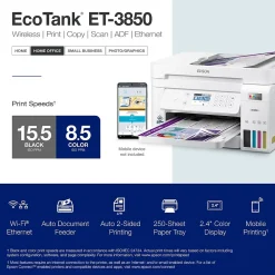 Epson EcoTank ET-3850 Wireless Color Inkjet Printer, All-In-One Supertank, Print, Scan, Copy (9472543)