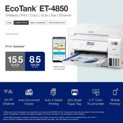 Epson EcoTank ET-4850-W Wireless Color Inkjet Printer, All-In-One Supertank, Print, Scan, Copy, Fax (9472545)