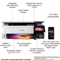 Epson EcoTank Photo ET-8550 Wireless Color Inkjet Printer, All-In-One Supertank, Print, Scan, Copy (9472524)