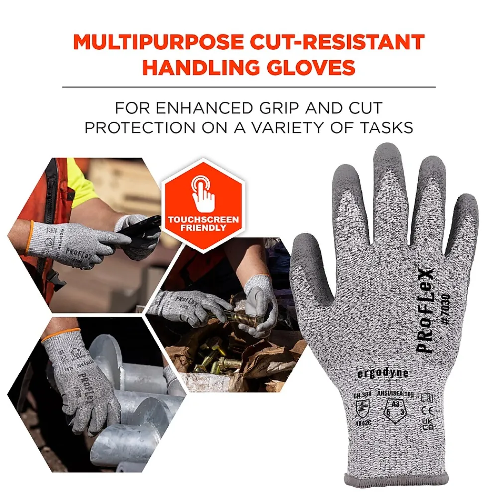 Ergodyne ProFlex 7030 PU Coated Cut-Resistant Gloves, ANSI A3, Gray, Large, 1 Pair (10464)