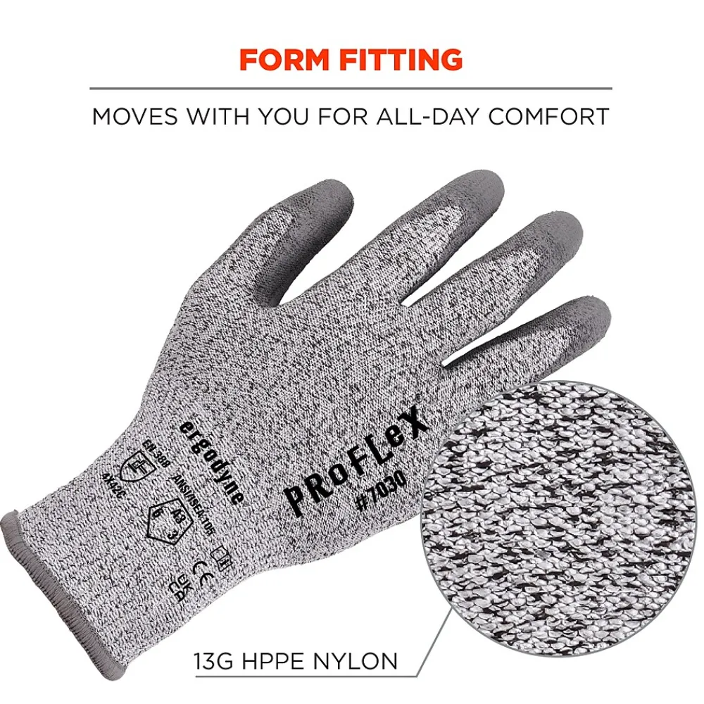 Ergodyne ProFlex 7030 PU Coated Cut-Resistant Gloves, ANSI A3, Gray, Large, 1 Pair (10464)