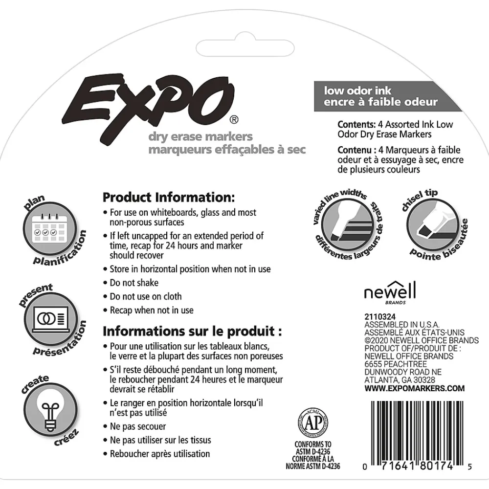 Markers|Expo Tank Dry Erase Marker, Chisel Tip, Assorted, 4/Pack (80174)