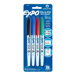 Markers|Expo Vis-a-Vis Wet Erase Markers, Fine Point, Assorted, 4/Pack (16074/2134341)