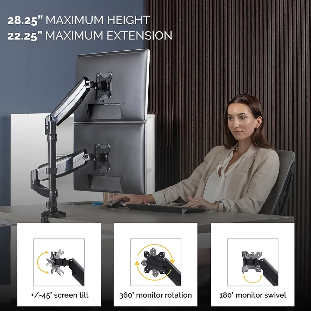 Fellowes Platinum Series Dual Stacking Adjustable Monitor Arm, Up to 27", Black (8043401)