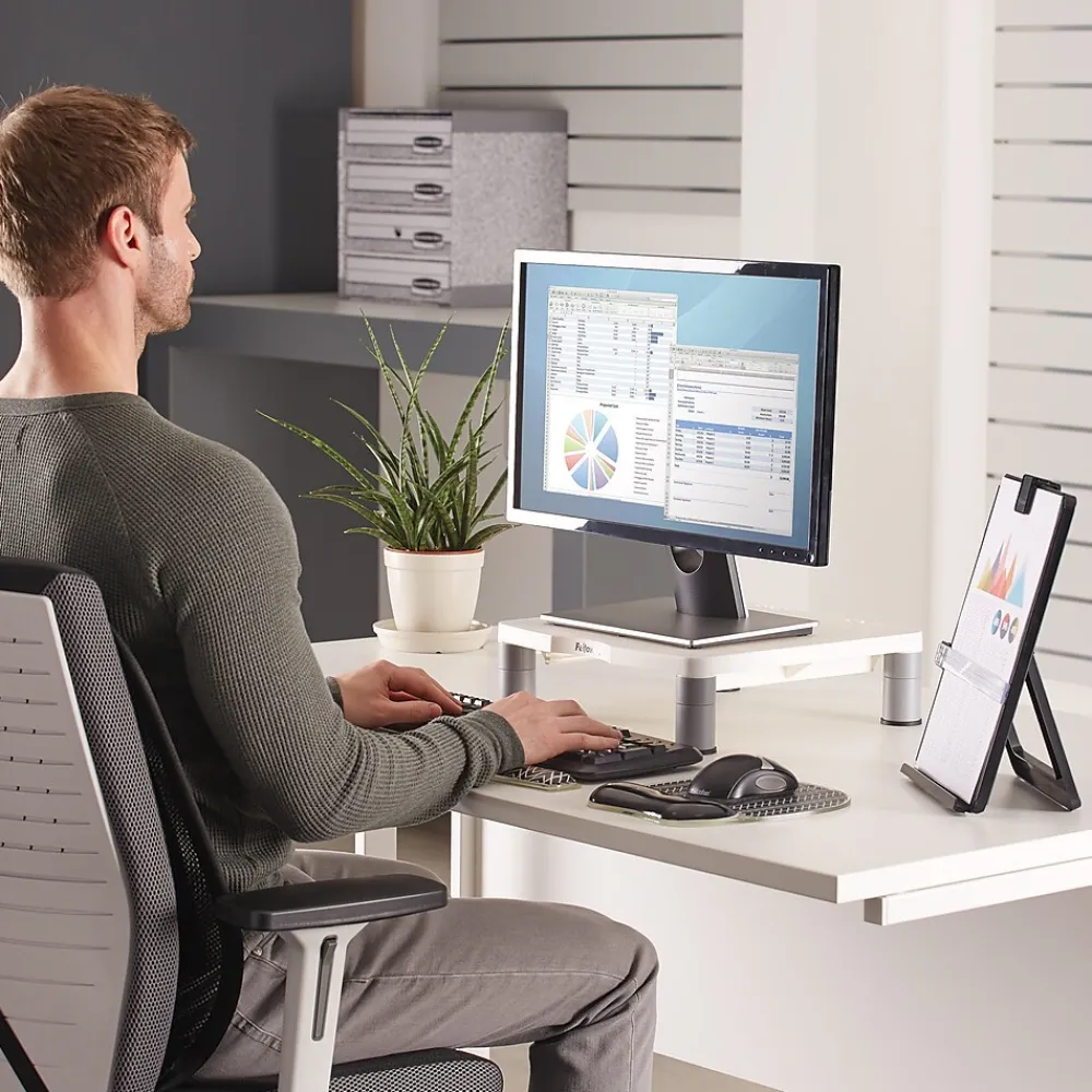 Online Fellowes Standard Adjustable Monitor Riser, Up to 32", Platinum (91712)