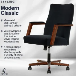 Office Chairs*Finch NEO ONE Ergonomic Velvet Fabric/Wood Swivel Executive Chair, Black (52304-BLK)