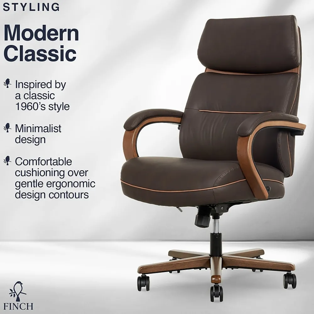 Office Chairs*Finch NEO TWO Ergonomic Vegan Leather/Wood Swivel Executive Chair, Brown (52373-BRN)