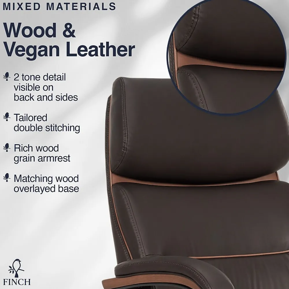 Office Chairs*Finch NEO TWO Ergonomic Vegan Leather/Wood Swivel Executive Chair, Brown (52373-BRN)