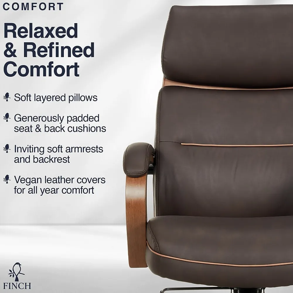 Office Chairs*Finch NEO TWO Ergonomic Vegan Leather/Wood Swivel Executive Chair, Brown (52373-BRN)