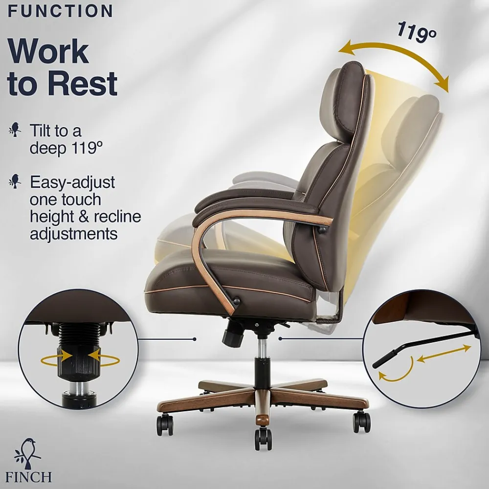 Office Chairs*Finch NEO TWO Ergonomic Vegan Leather/Wood Swivel Executive Chair, Brown (52373-BRN)