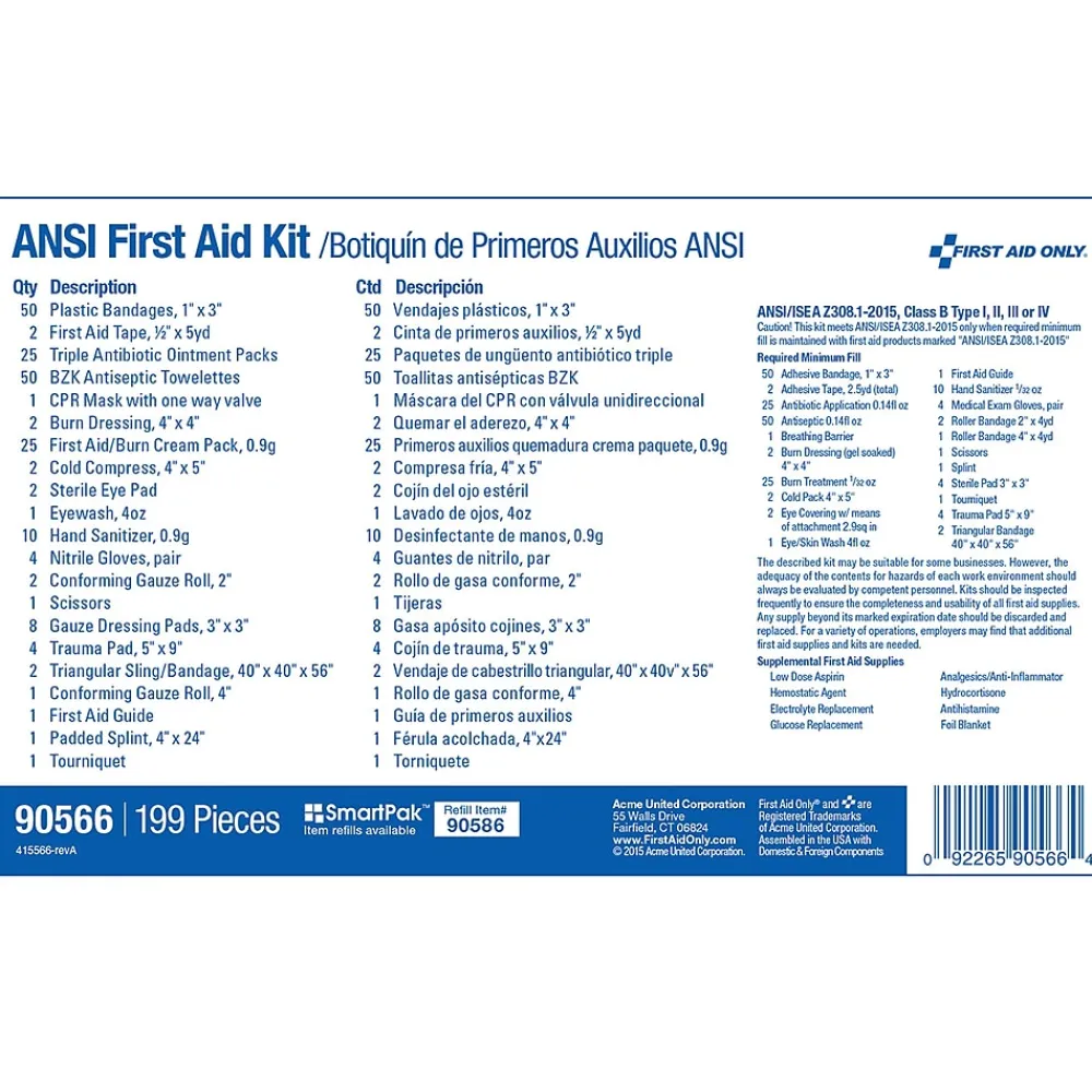 First Aid Only Plastic First Aid Kit, ANSI 2015 Class B, 50 People, 199 Pieces (90566)