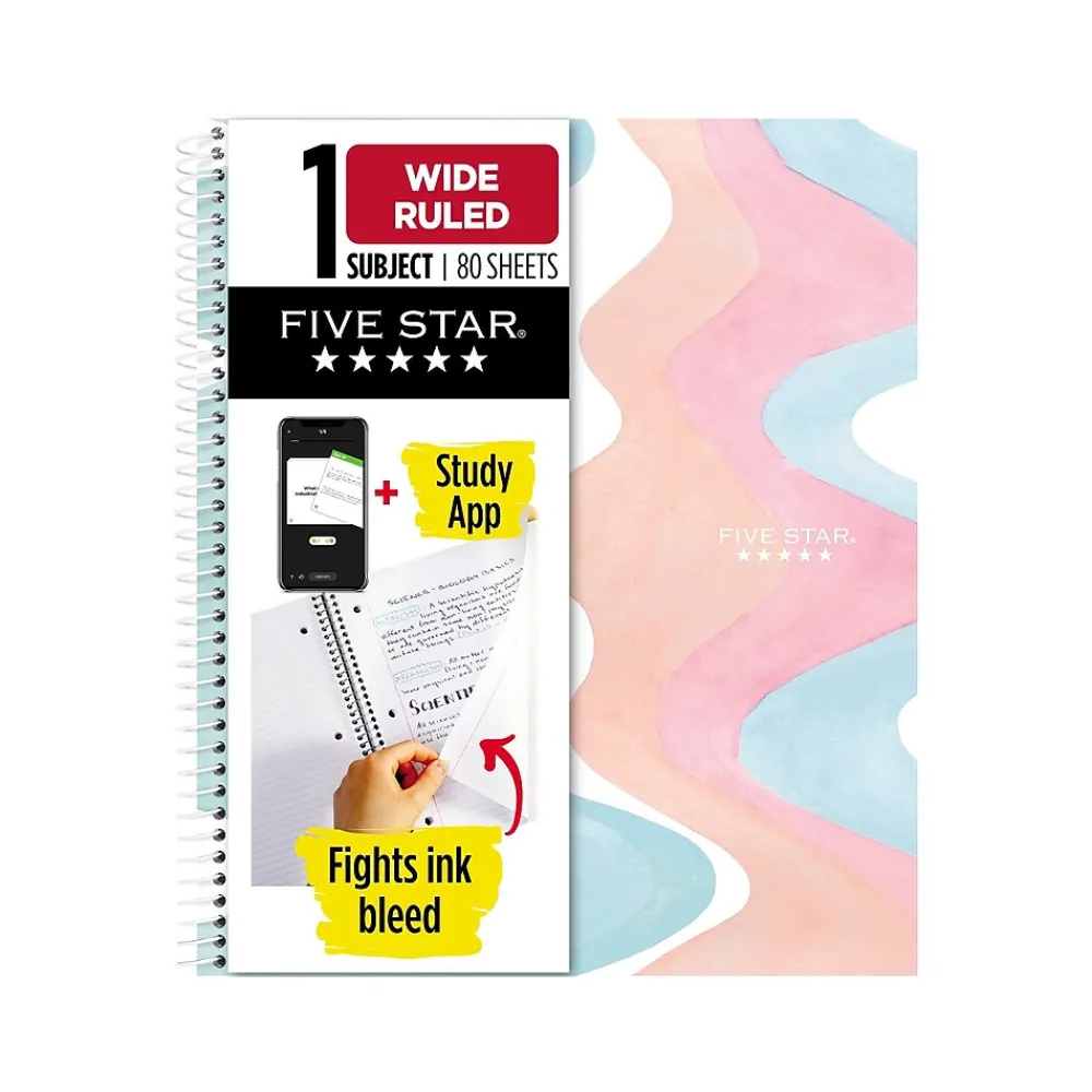 Subject Notebooks|Five Star Brushy Moves 1-Subject Notebooks, 8.5" x 11", Wide-Ruled, 80 Sheets, Assorted Colors, 2/Pack (930060)
