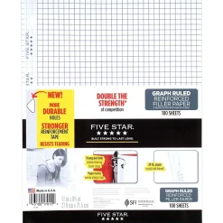 Filler Paper|Five Star Reinforced Graph Ruled Filler Paper, 8 1/2" x 11", White, 100 Sheets/Pack (17012)