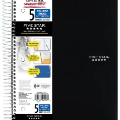 Subject Notebooks|Five Star 5-Subject Subject Notebook, 8.5" x 11", College Ruled, 200 Sheets, (72081) Black