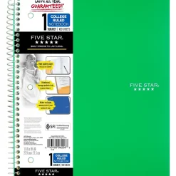 Subject Notebooks|Five Star ® Wirebound Notebook, 1-Subject Notebook, 8.5" x 11", College Ruled, 100 Sheets, (72055) Green