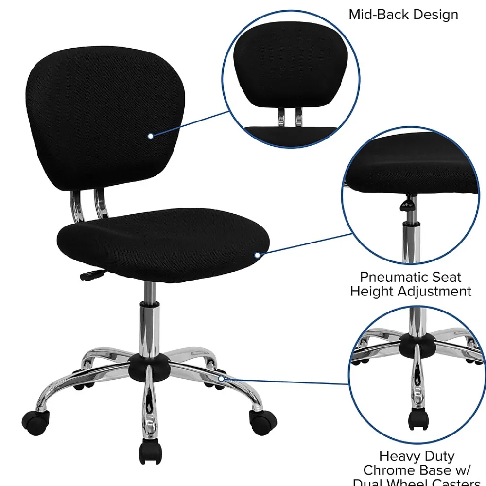 Office Chairs*Flash Furniture Beverly Armless Ergonomic Mesh Swivel Mid-Back Padded Task Office Chair, Black (H2376FBK)