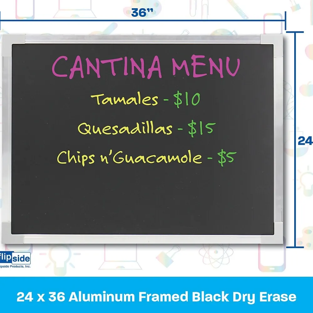 Dry Erase*Flipside Dry-Erase Blackboard, Aluminum Frame, 24" x 36" (17931)