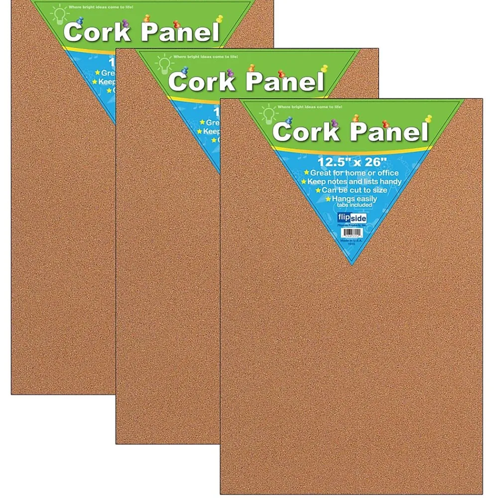 Bulletin*Flipside Products Cork Panel, 12.5" x 26", Pack of 3 (FLP37012-3)
