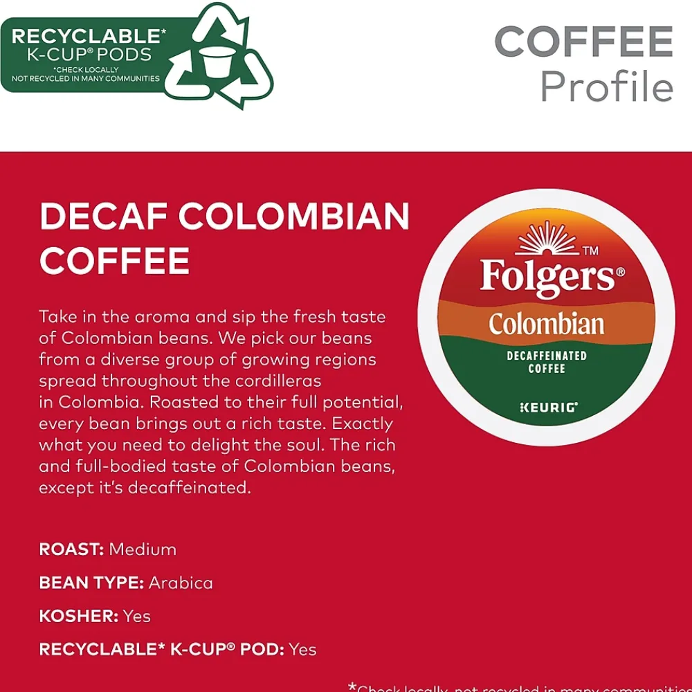 Folgers 100% Colombian Decaf Coffee, Keurig K-Cup Pod, Medium Roast, 96/Carton (5000053359CT)