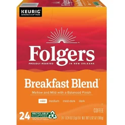 Folgers Breakfast Blend Coffee, Light Roast, 0.24 oz. Keurig® K-Cup® Pods, 24/Box (000370677/6684)
