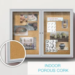 Bulletin*Ghent 4' H x 6' W Enclosed Natural Cork Bulletin Board with Satin Frame, 3 Door (PA34872K)