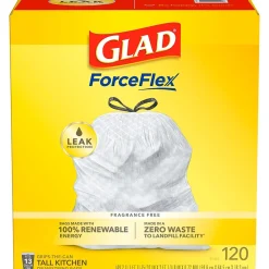 ForceFlex Tall 13 Gallon Kitchen Drawstring Trash Bags, White, 120/Box (78939)<Glad Best