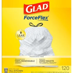 ForceFlex Tall 13 Gallon Kitchen Drawstring Trash Bags, White, 120/Box (78939)<Glad Best