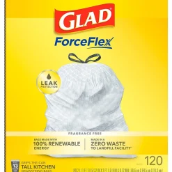 ForceFlex Tall 13 Gallon Kitchen Drawstring Trash Bags, White, 120/Box (78939)<Glad Best