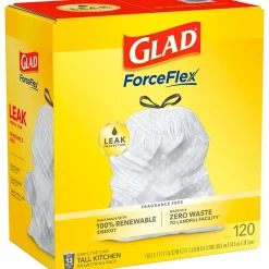 ForceFlex Tall 13 Gallon Kitchen Drawstring Trash Bags, White, 120/Box (78939)<Glad Best