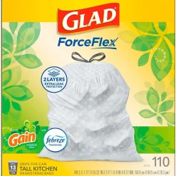 ForceFlex Tall 13 Gallon Kitchen Drawstring White Trash Bags, 110/Box (79098)<Glad Sale