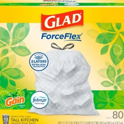 ForceFlex Tall Kitchen Drawstring Trash Bags, 13 Gallon, White, Gain Original scent, 80/Box (78750)<Glad Online