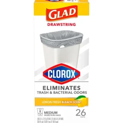 Medium Drawstring Trash Bags with Clorox, 8 Gallon, Grey, Lemon Fresh Bleach Scent, 26/Box(79316)<Glad Sale