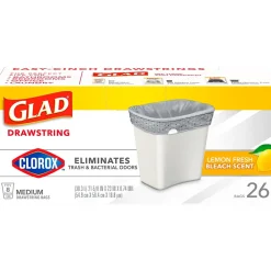 Medium Drawstring Trash Bags with Clorox, 8 Gallon, Grey, Lemon Fresh Bleach Scent, 26/Box(79316)<Glad Sale