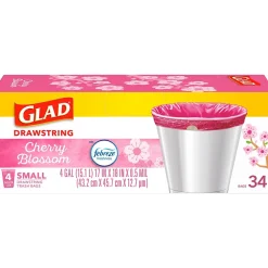 Odorshield 4 Gallon Drawstring Kitchen Trash Bag, Febreeze Cherry Blossom, Pink, 34 Bags/Box (79274)<Glad Sale